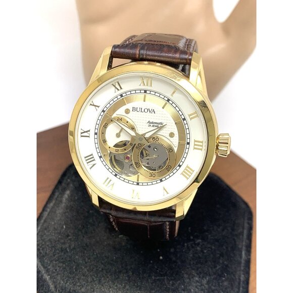 Bulova Men's Watch 97A121 Automatic Gold Tone Case Brown Leather Band 41mm - Picture 1 of 14